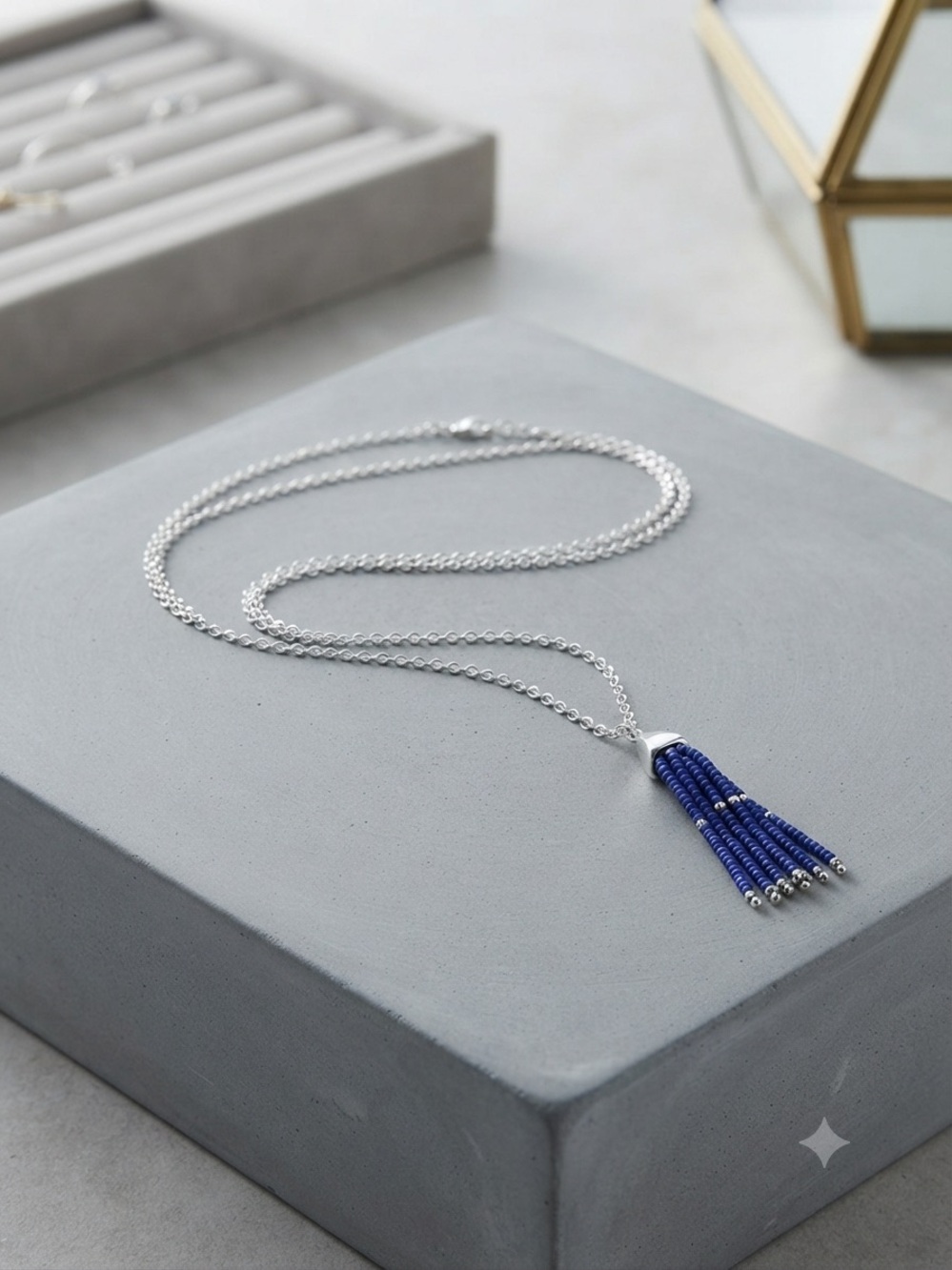 Source Unknown Silver Chain Necklace with Blue Beaded Tassel Pendant